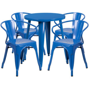 Wholesale 24'' Round Blue Metal Indoor-Outdoor Table Set with 4 Arm Chairs