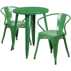 Wholesale 24'' Round Green Metal Indoor-Outdoor Table Set with 2 Arm Chairs