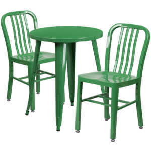 Wholesale 24'' Round Green Metal Indoor-Outdoor Table Set with 2 Vertical Slat Back Chairs