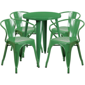 Wholesale 24'' Round Green Metal Indoor-Outdoor Table Set with 4 Arm Chairs