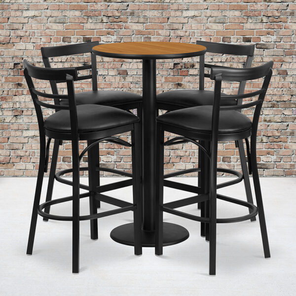 Wholesale 24'' Round Natural Laminate Table Set with Round Base and 4 Two-Slat Ladder Back Metal Barstools - Black Vinyl Seat