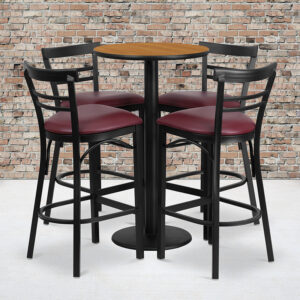 Wholesale 24'' Round Natural Laminate Table Set with Round Base and 4 Two-Slat Ladder Back Metal Barstools - Burgundy Vinyl Seat