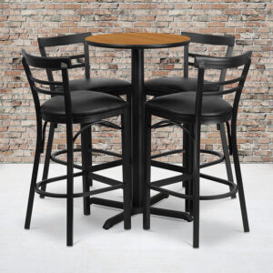 Wholesale 24'' Round Natural Laminate Table Set with X-Base and 4 Two-Slat Ladder Back Metal Barstools - Black Vinyl Seat