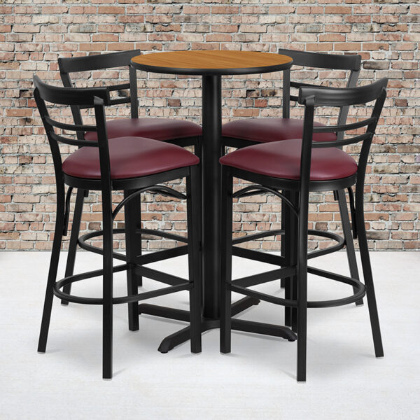 Wholesale 24'' Round Natural Laminate Table Set with X-Base and 4 Two-Slat Ladder Back Metal Barstools - Burgundy Vinyl Seat