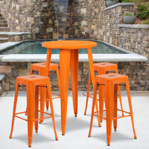 Wholesale 24'' Round Orange Metal Indoor-Outdoor Bar Table Set with 4 Square Seat Backless Stools