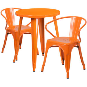 Wholesale 24'' Round Orange Metal Indoor-Outdoor Table Set with 2 Arm Chairs