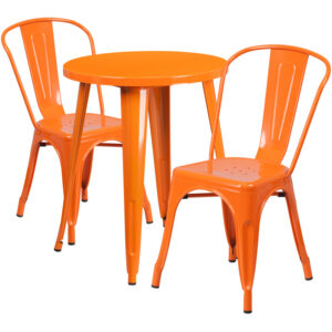 Wholesale 24'' Round Orange Metal Indoor-Outdoor Table Set with 2 Cafe Chairs