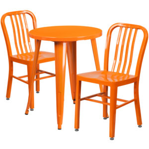 Wholesale 24'' Round Orange Metal Indoor-Outdoor Table Set with 2 Vertical Slat Back Chairs