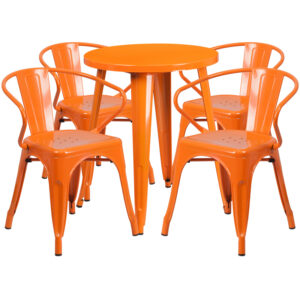 Wholesale 24'' Round Orange Metal Indoor-Outdoor Table Set with 4 Arm Chairs