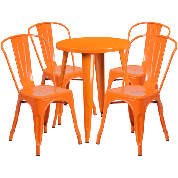 Wholesale 24'' Round Orange Metal Indoor-Outdoor Table Set with 4 Cafe Chairs