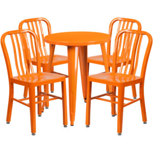 Wholesale 24'' Round Orange Metal Indoor-Outdoor Table Set with 4 Vertical Slat Back Chairs