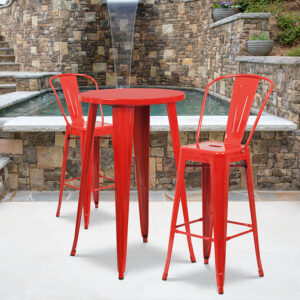 Wholesale 24'' Round Red Metal Indoor-Outdoor Bar Table Set with 2 Cafe Stools