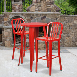 Wholesale 24'' Round Red Metal Indoor-Outdoor Bar Table Set with 2 Vertical Slat Back Stools
