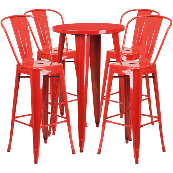 Lowest Price 24'' Round Red Metal Indoor-Outdoor Bar Table Set with 4 Cafe Stools