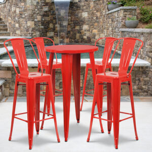 Wholesale 24'' Round Red Metal Indoor-Outdoor Bar Table Set with 4 Cafe Stools