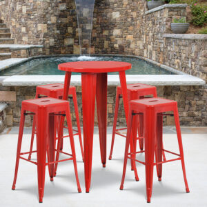 Wholesale 24'' Round Red Metal Indoor-Outdoor Bar Table Set with 4 Square Seat Backless Stools