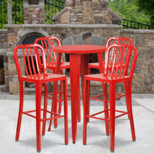 Wholesale 24'' Round Red Metal Indoor-Outdoor Bar Table Set with 4 Vertical Slat Back Stools
