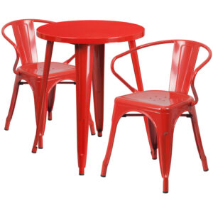 Wholesale 24'' Round Red Metal Indoor-Outdoor Table Set with 2 Arm Chairs