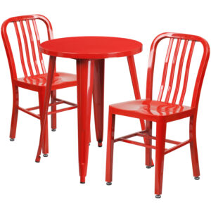Wholesale 24'' Round Red Metal Indoor-Outdoor Table Set with 2 Vertical Slat Back Chairs