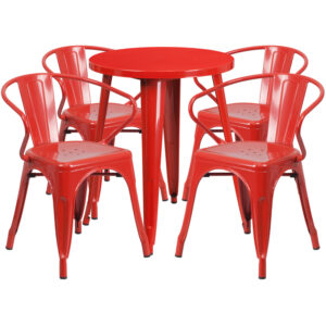 Wholesale 24'' Round Red Metal Indoor-Outdoor Table Set with 4 Arm Chairs