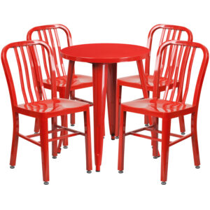 Wholesale 24'' Round Red Metal Indoor-Outdoor Table Set with 4 Vertical Slat Back Chairs