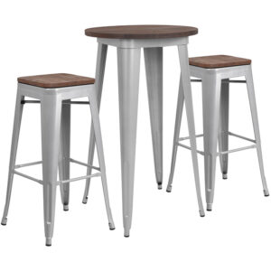 Wholesale 24" Round Silver Metal Bar Table Set with Wood Top and 2 Backless Stools