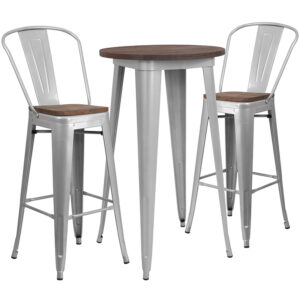 Wholesale 24" Round Silver Metal Bar Table Set with Wood Top and 2 Stools