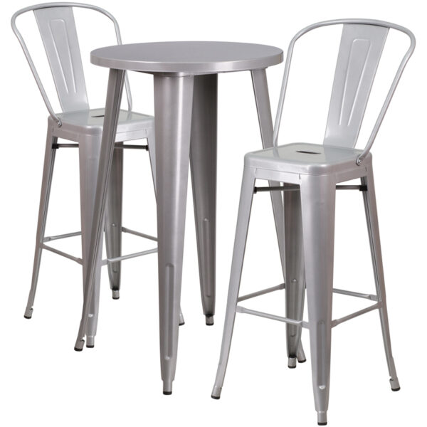 Lowest Price 24'' Round Silver Metal Indoor-Outdoor Bar Table Set with 2 Cafe Stools