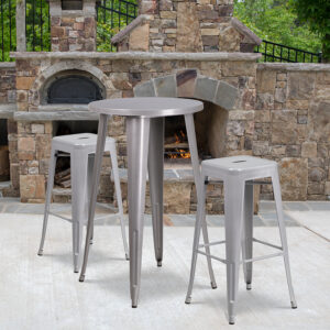 Wholesale 24'' Round Silver Metal Indoor-Outdoor Bar Table Set with 2 Square Seat Backless Stools