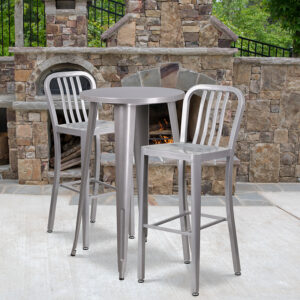 Wholesale 24'' Round Silver Metal Indoor-Outdoor Bar Table Set with 2 Vertical Slat Back Stools