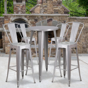 Wholesale 24'' Round Silver Metal Indoor-Outdoor Bar Table Set with 4 Cafe Stools
