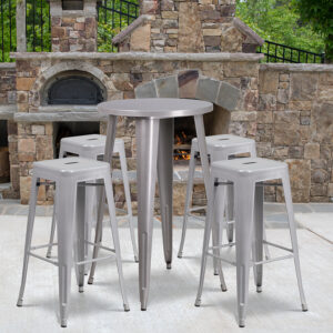 Wholesale 24'' Round Silver Metal Indoor-Outdoor Bar Table Set with 4 Square Seat Backless Stools