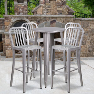 Wholesale 24'' Round Silver Metal Indoor-Outdoor Bar Table Set with 4 Vertical Slat Back Stools