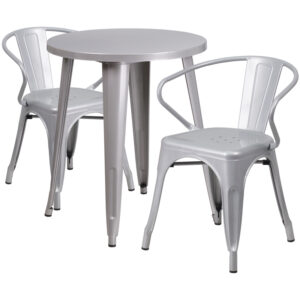 Wholesale 24'' Round Silver Metal Indoor-Outdoor Table Set with 2 Arm Chairs
