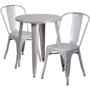 Wholesale 24'' Round Silver Metal Indoor-Outdoor Table Set with 2 Cafe Chairs