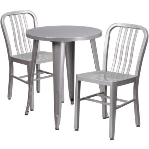Wholesale 24'' Round Silver Metal Indoor-Outdoor Table Set with 2 Vertical Slat Back Chairs