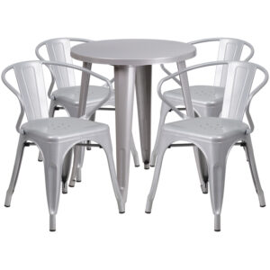 Wholesale 24'' Round Silver Metal Indoor-Outdoor Table Set with 4 Arm Chairs