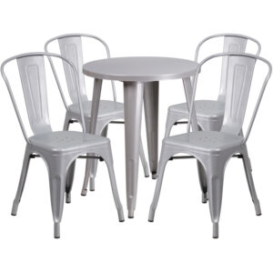 Wholesale 24'' Round Silver Metal Indoor-Outdoor Table Set with 4 Cafe Chairs