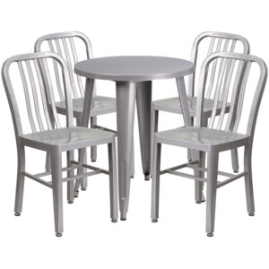 Wholesale 24'' Round Silver Metal Indoor-Outdoor Table Set with 4 Vertical Slat Back Chairs