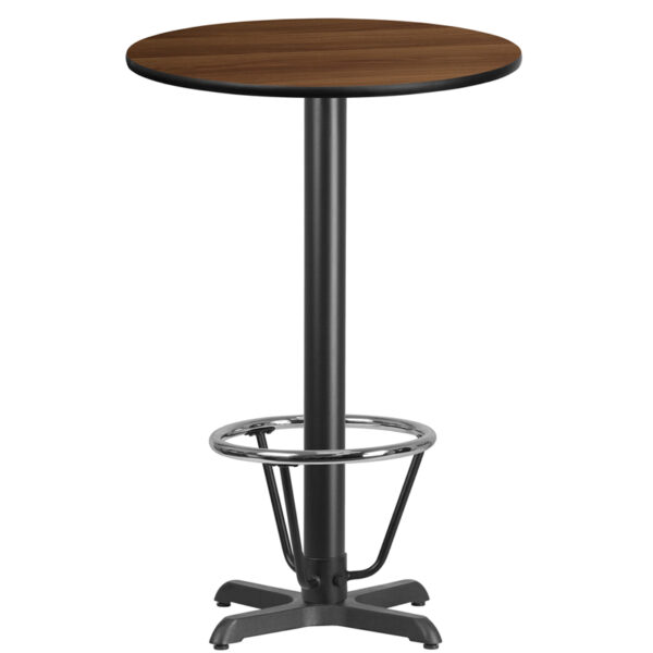 Wholesale 24'' Round Walnut Laminate Table Top with 22'' x 22'' Bar Height Table Base and Foot Ring