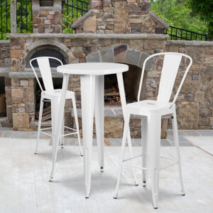 Wholesale 24'' Round White Metal Indoor-Outdoor Bar Table Set with 2 Cafe Stools