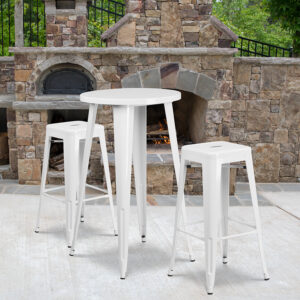 Wholesale 24'' Round White Metal Indoor-Outdoor Bar Table Set with 2 Square Seat Backless Stools
