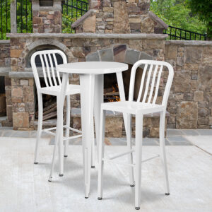 Wholesale 24'' Round White Metal Indoor-Outdoor Bar Table Set with 2 Vertical Slat Back Stools