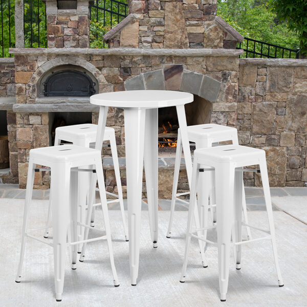 Wholesale 24'' Round White Metal Indoor-Outdoor Bar Table Set with 4 Square Seat Backless Stools