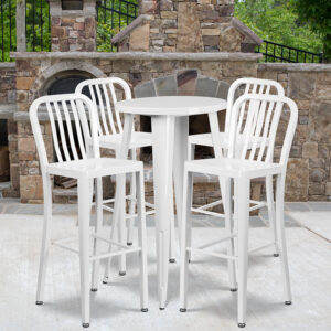 Wholesale 24'' Round White Metal Indoor-Outdoor Bar Table Set with 4 Vertical Slat Back Stools