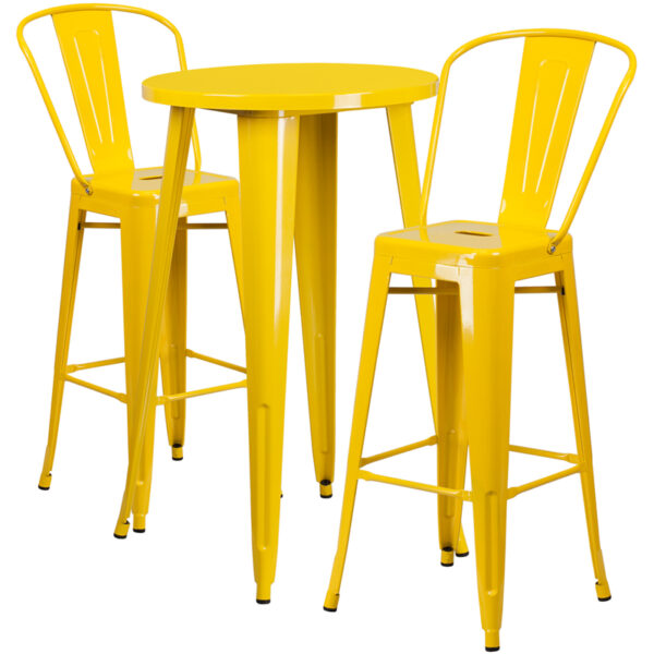 Lowest Price 24'' Round Yellow Metal Indoor-Outdoor Bar Table Set with 2 Cafe Stools