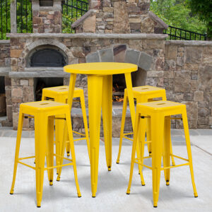 Wholesale 24'' Round Yellow Metal Indoor-Outdoor Bar Table Set with 4 Square Seat Backless Stools
