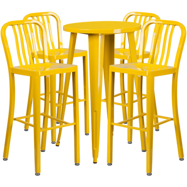 Lowest Price 24'' Round Yellow Metal Indoor-Outdoor Bar Table Set with 4 Vertical Slat Back Stools
