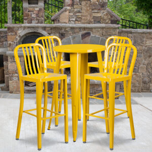 Wholesale 24'' Round Yellow Metal Indoor-Outdoor Bar Table Set with 4 Vertical Slat Back Stools