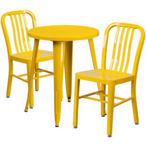 Wholesale 24'' Round Yellow Metal Indoor-Outdoor Table Set with 2 Vertical Slat Back Chairs